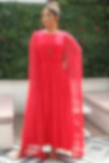 Red Georgette Hand Embellished Pleated Party Wear Gown by Ewoke at Pernia's Pop Up Shop