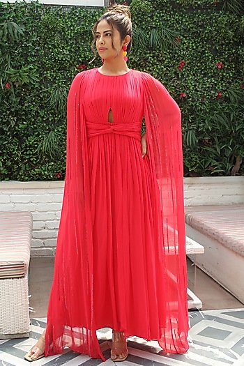 Red Georgette Hand Embellished Pleated Party Wear Gown by Ewoke at Pernia's Pop Up Shop