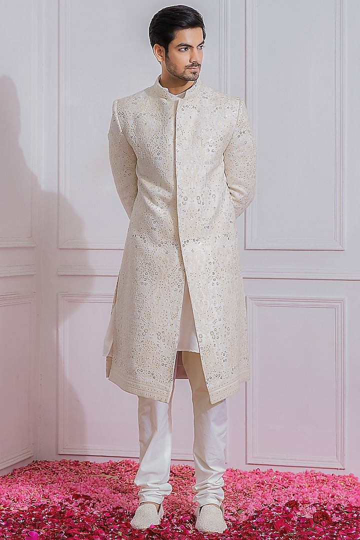 Off-White Hand Embroidered Sherwani Set by Ankit V Kapoor