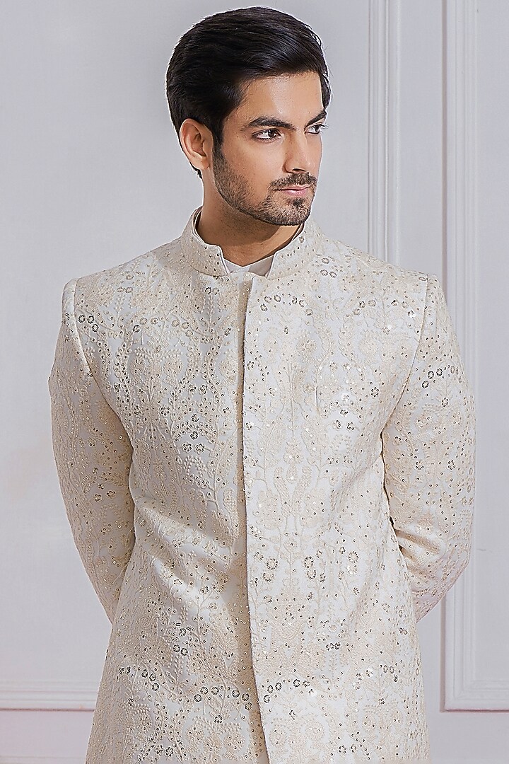 Off-White Hand Embroidered Groom Sherwani Set by Ankit V Kapoor at Pernia's Pop Up Shop