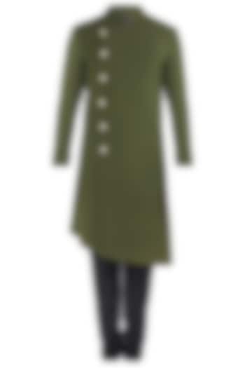 Military green aysmmetrical angrakha sherwani set available only at Pernia's Pop Up Shop.