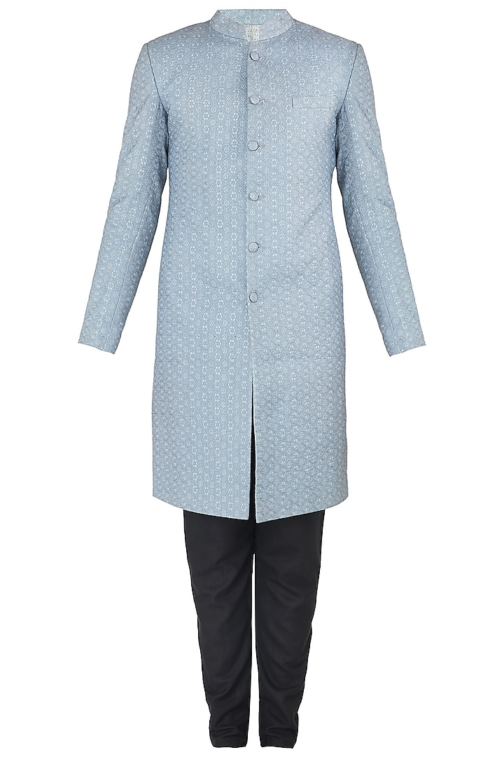 Blue and Grey Embroidered Sherwani Set by Ankit V Kapoor