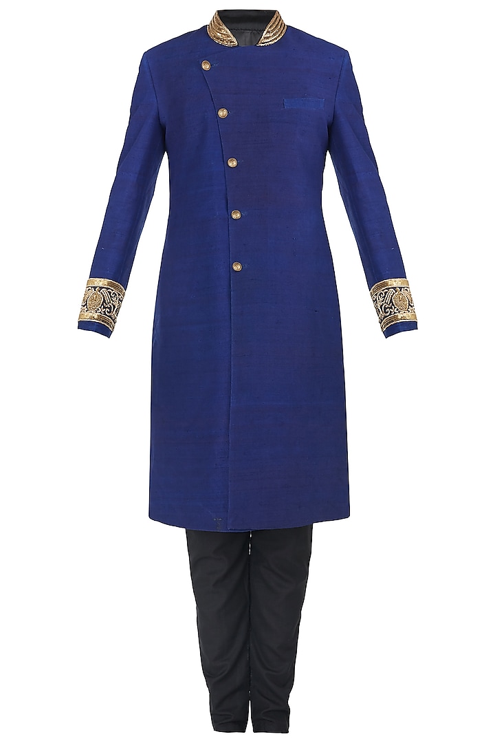 Royal Blue Embroidered Angrakha Sherwani Set by Ankit V Kapoor