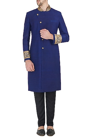 Royal Blue Embroidered Angrakha Sherwani Set by Ankit V Kapoor