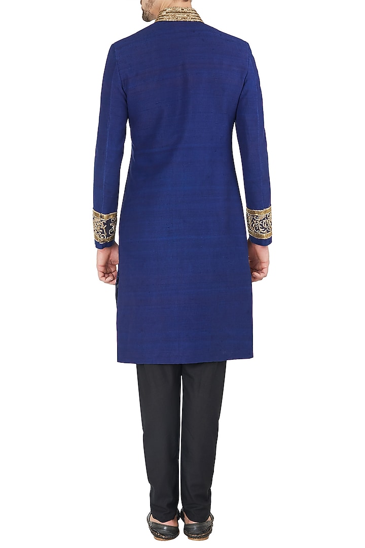 Royal blue embroidered angrakha sherwani set available only at Pernia's Pop Up Shop.