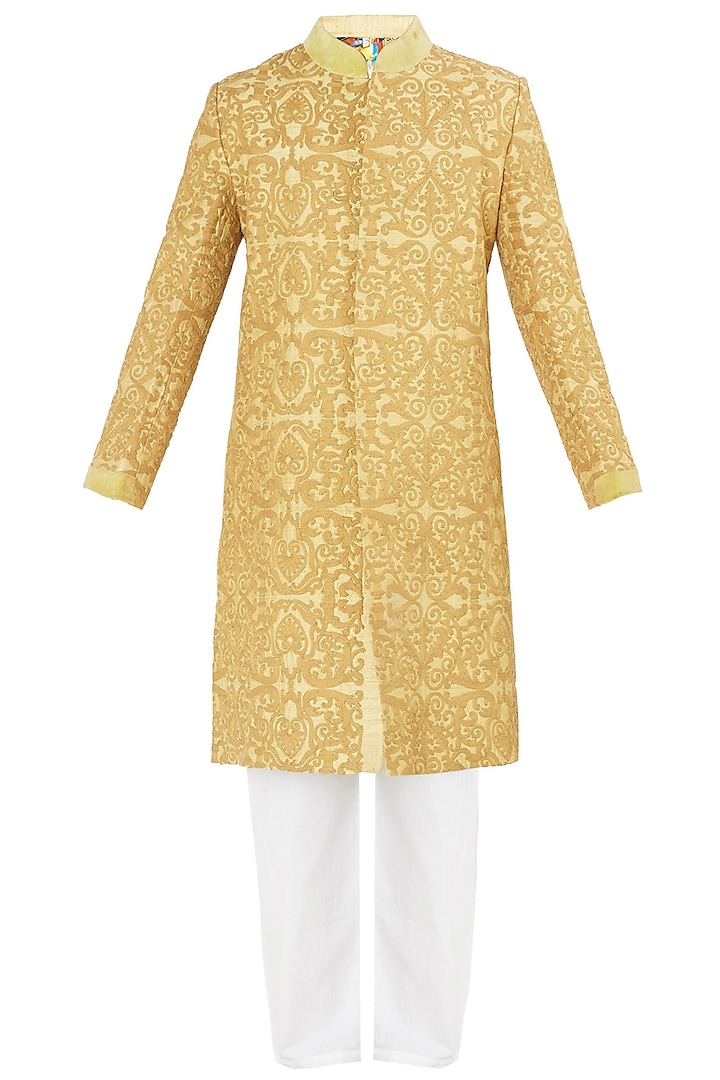 Yellow and Gold Embroidered Sherwani Set by Ankit V Kapoor