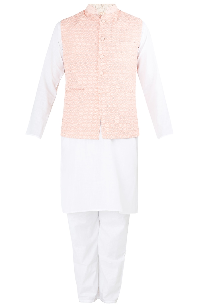Peach Embroidered Nehru Jacket with White Kurta and Churidar Pants by Ankit V Kapoor
