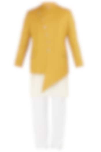 Mustard asymmetrical bandhgala jacket set available only at Pernia's Pop Up Shop.