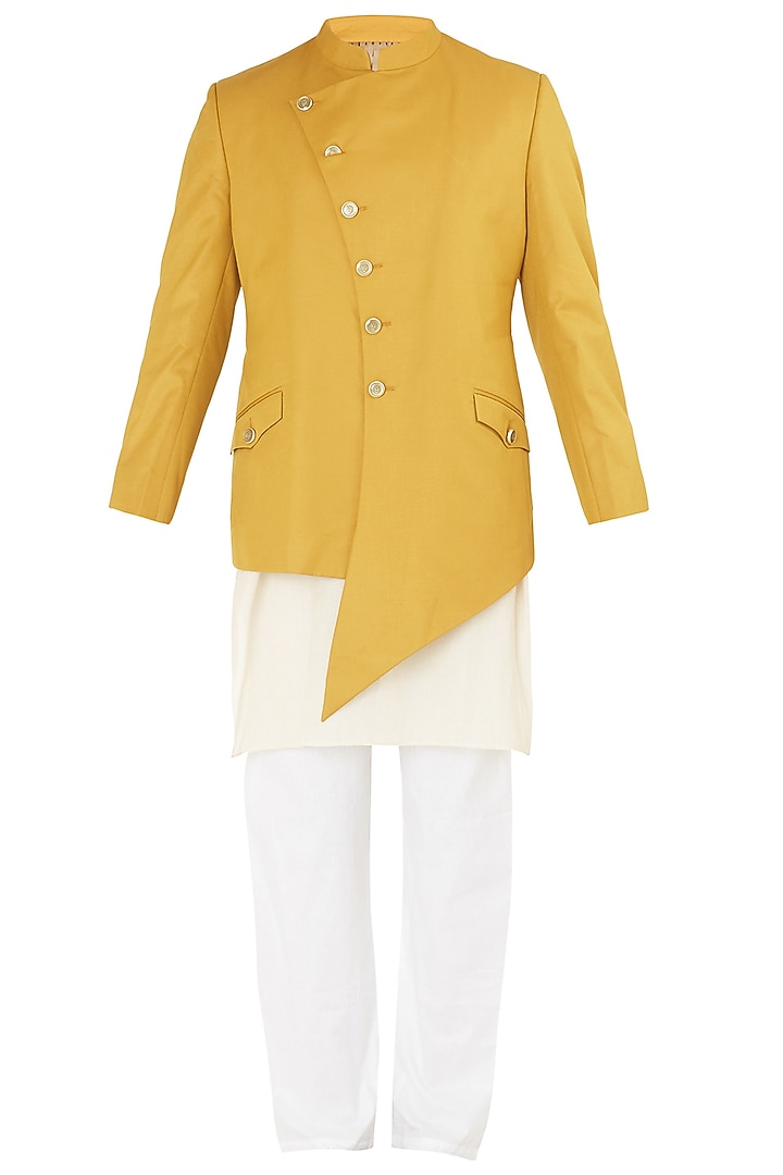 Mustard asymmetrical bandhgala jacket set available only at Pernia's Pop Up Shop.
