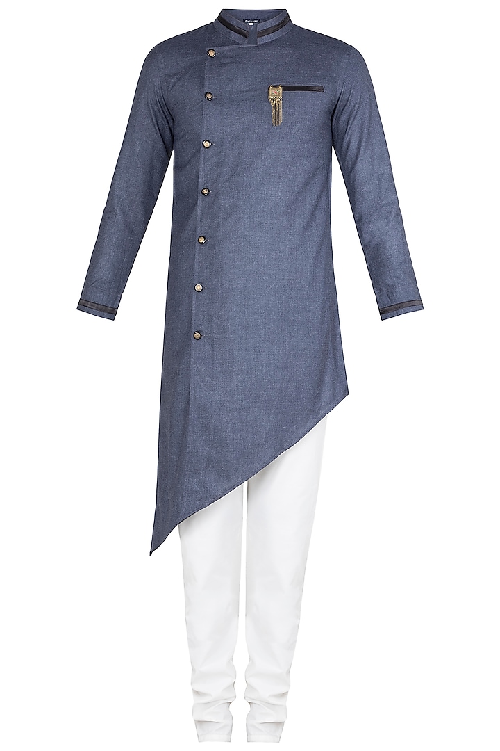 Blue Grey Asymmetric Kurta With Churidaar Pants by Ankit V Kapoor