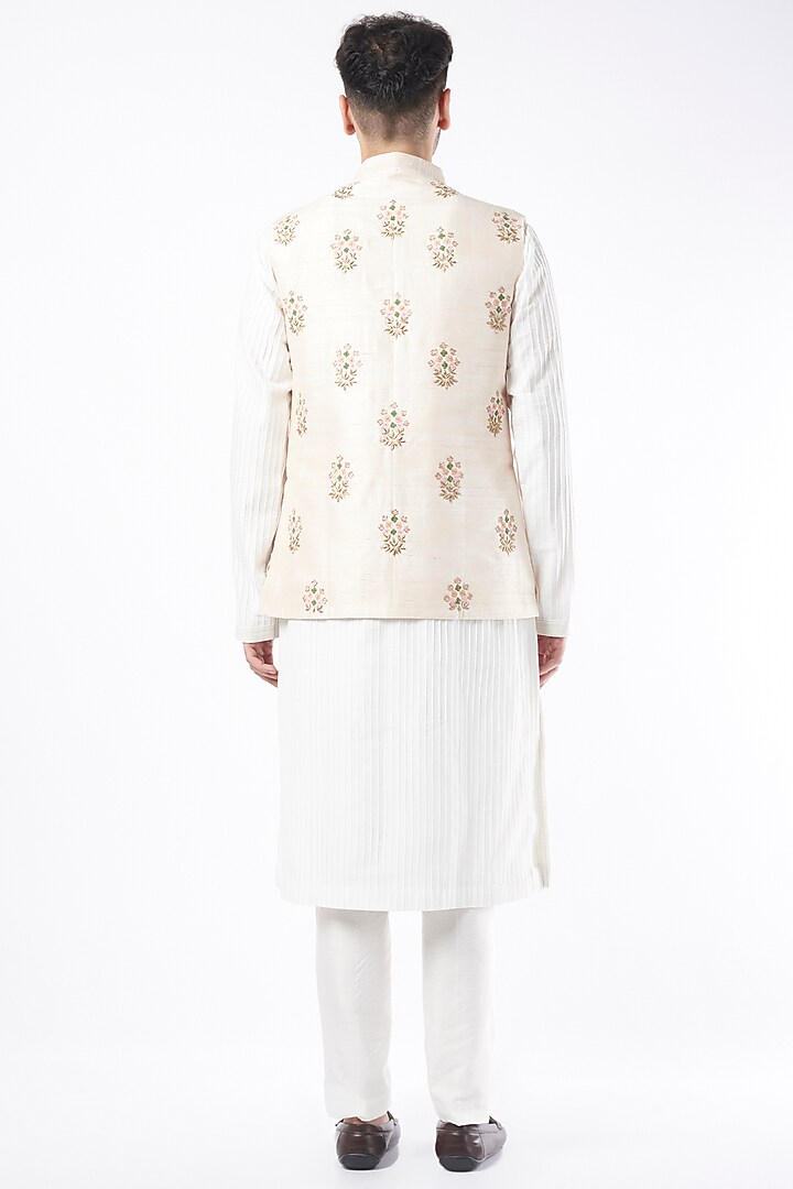 Peach Raw Silk Hand Embroidered Nehru Jacket by Ankit V Kapoor at Pernia's Pop Up Shop
