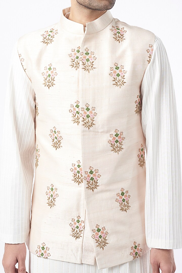 Peach Raw Silk Hand Embroidered Nehru Jacket by Ankit V Kapoor at Pernia's Pop Up Shop