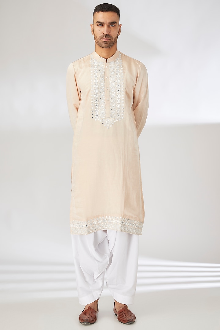 Beige Viscose Cotton Silk Hand Embroidered Kurta Set by Ankit V Kapoor