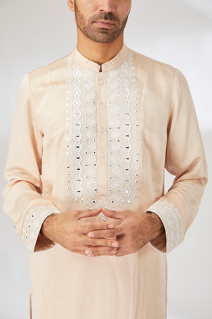 Beige Viscose Cotton Silk Hand Embroidered Kurta Set by Ankit V Kapoor at Pernia's Pop Up Shop