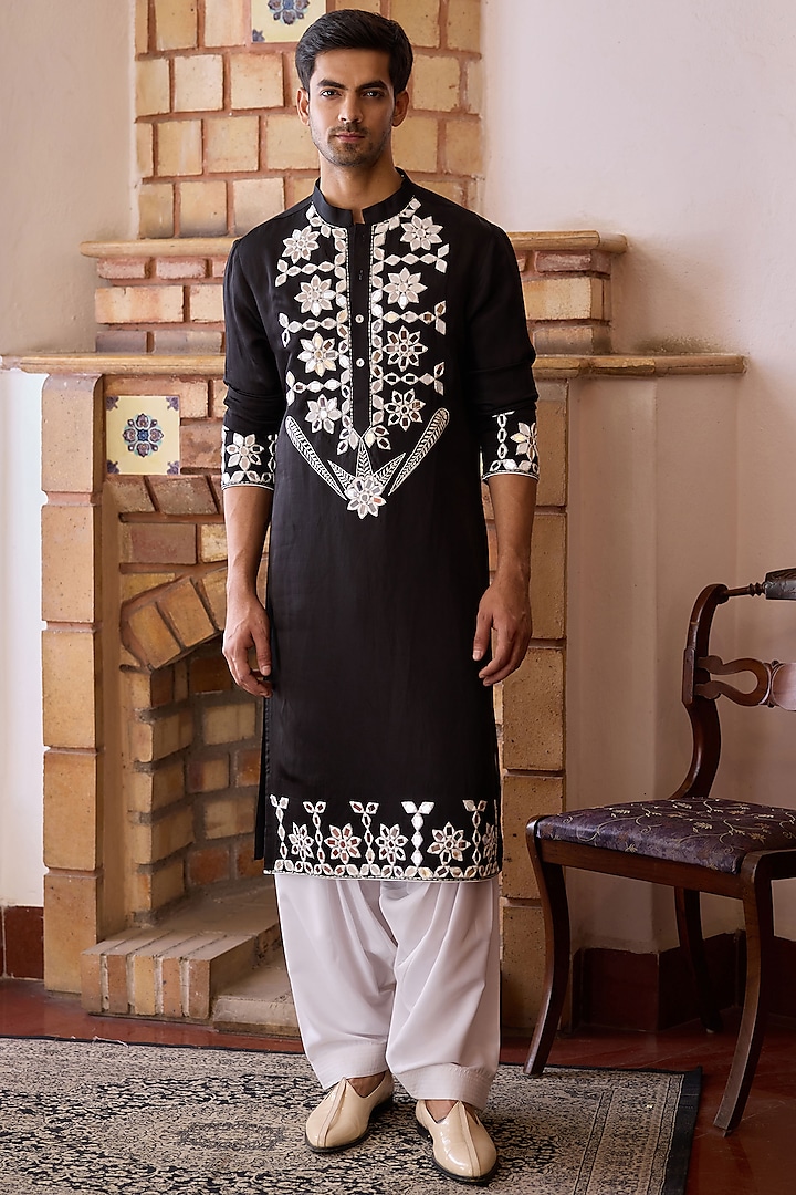 Black Viscose Cotton Silk Hand Embroidered Kurta Set by Ankit V Kapoor at Pernia's Pop Up Shop
