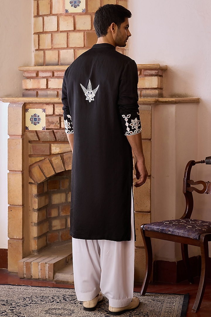 Black Viscose Cotton Silk Hand Embroidered Kurta Set by Ankit V Kapoor at Pernia's Pop Up Shop