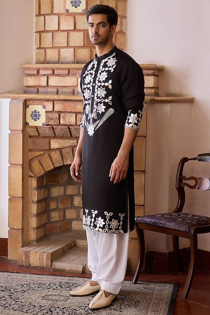 Black Viscose Cotton Silk Hand Embroidered Kurta Set by Ankit V Kapoor at Pernia's Pop Up Shop