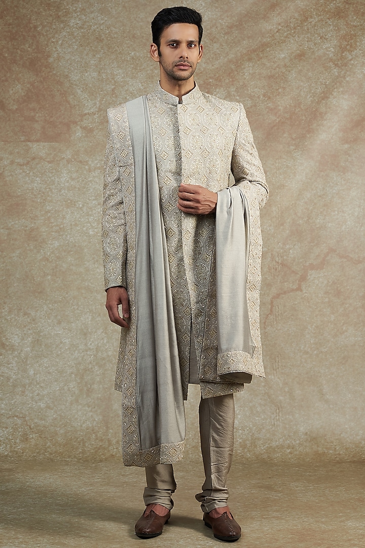 Rhino Grey Embroidered Sherwani Set With Stole by Ankit V Kapoor