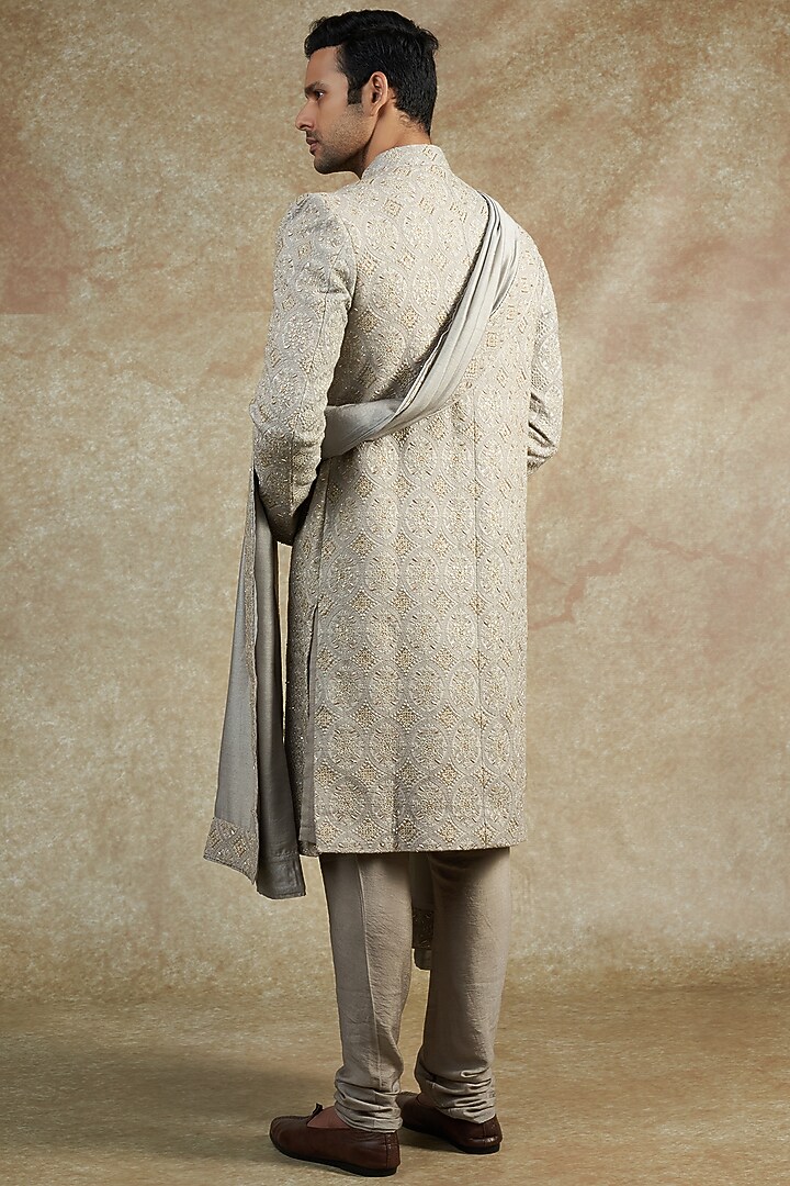 Rhino Grey Cotton Silk Hand Embroidered Groom Sherwani Set by Ankit V Kapoor at Pernia's Pop Up Shop