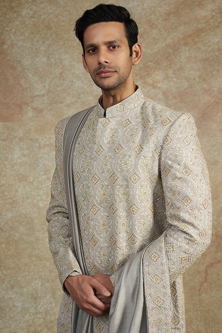 Rhino Grey Cotton Silk Hand Embroidered Groom Sherwani Set by Ankit V Kapoor at Pernia's Pop Up Shop