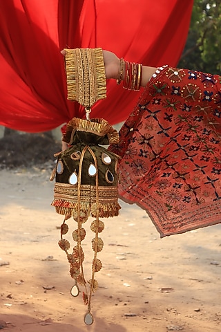 Wine Silk Velvet Gota Patti Embroidered Bucket Bag by AYE VI