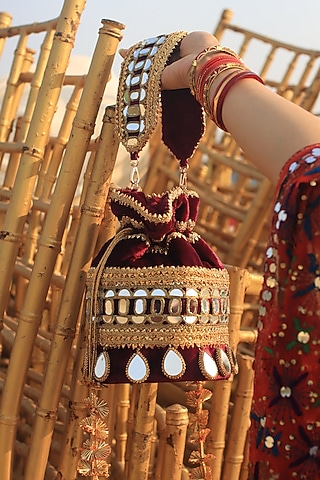 Mehendi Green Silk Velvet Hand Embroidered Bucket Bag by AYE VI