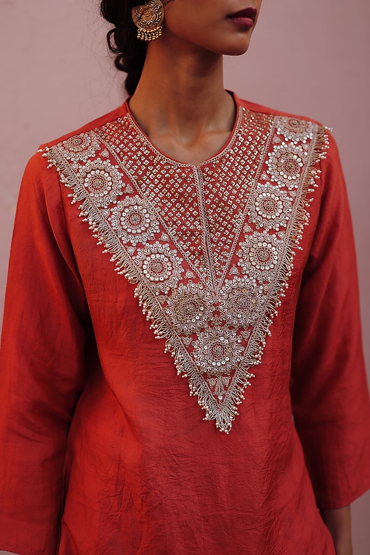Red Silk Dori Hand Embroidered Kurta Set by Avacara at Pernia's Pop Up Shop