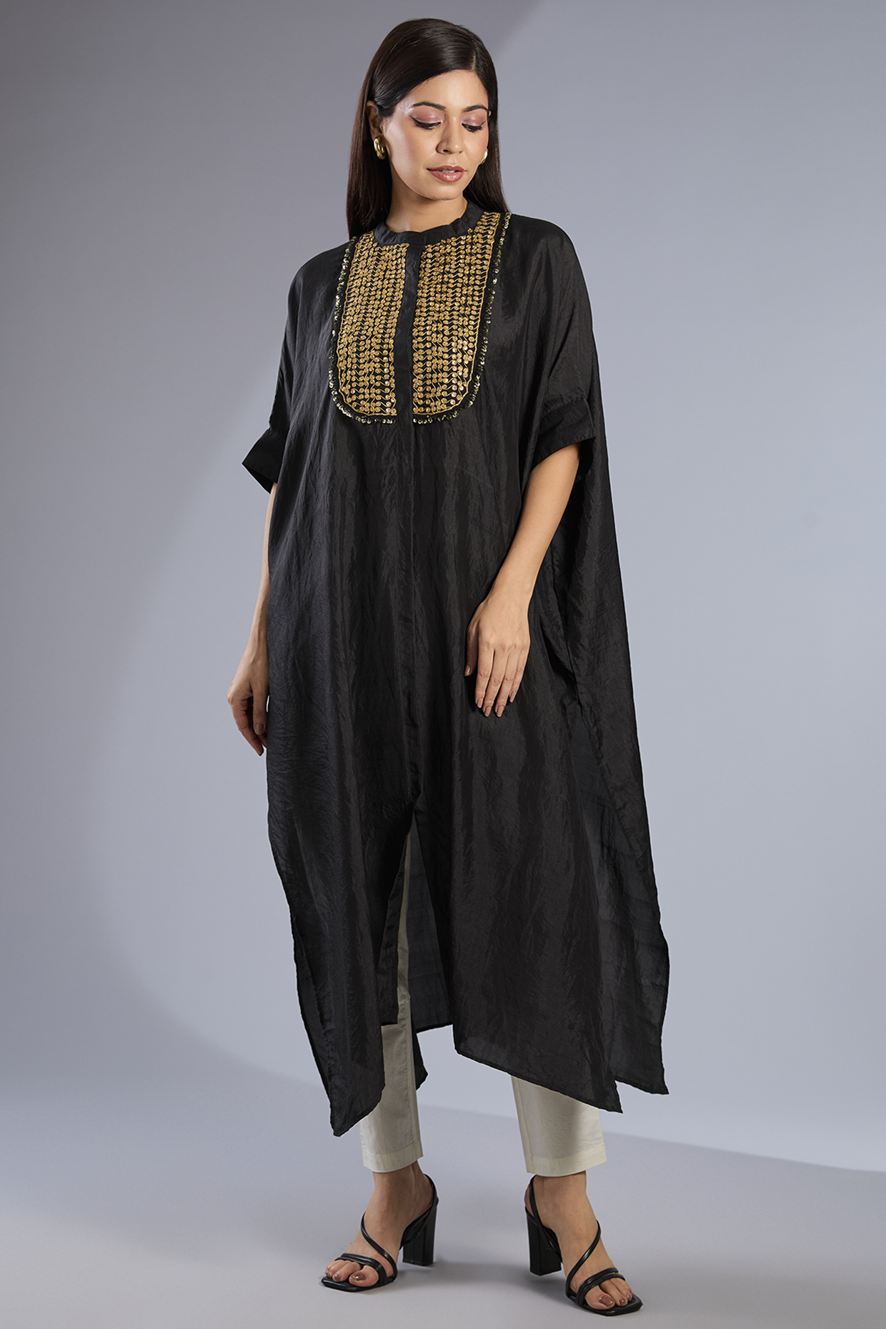 Black Pure Mulberry Silk Hand Work Kaftan Set by Avacara at Pernia's Pop Up Shop