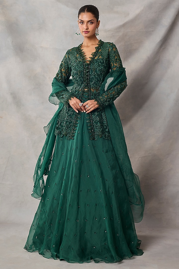 Bottle Green Organza & Net Boota Work Wedding Lehenga Set by AWIGNA BY VARSHA & RITTU at Pernia's Pop Up Shop