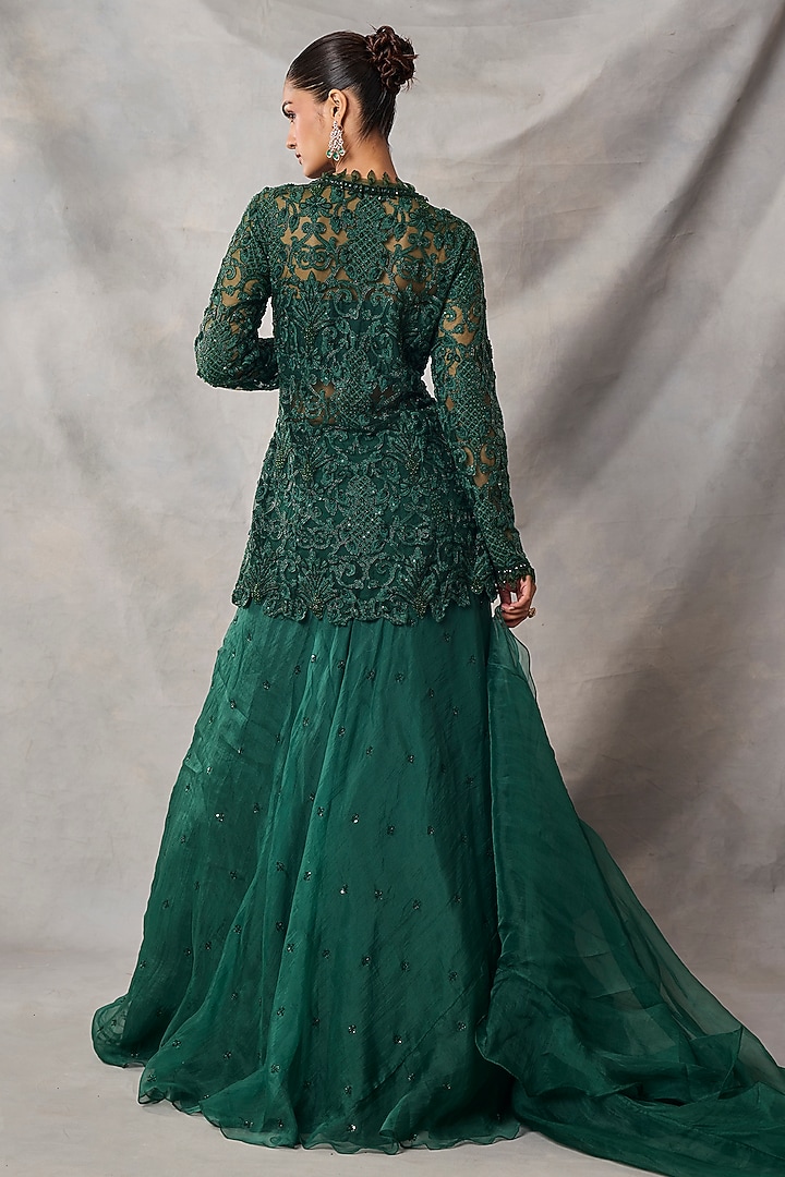 Bottle Green Organza & Net Boota Work Wedding Lehenga Set by AWIGNA BY VARSHA & RITTU at Pernia's Pop Up Shop