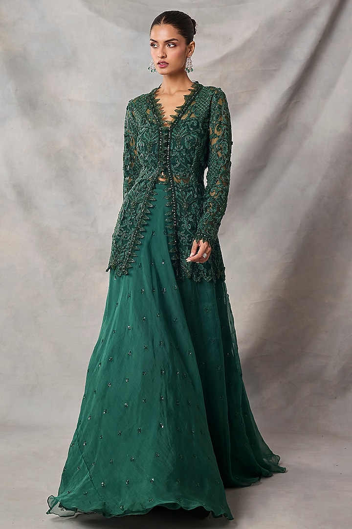 Bottle Green Organza & Net Boota Work Wedding Lehenga Set by AWIGNA BY VARSHA & RITTU at Pernia's Pop Up Shop