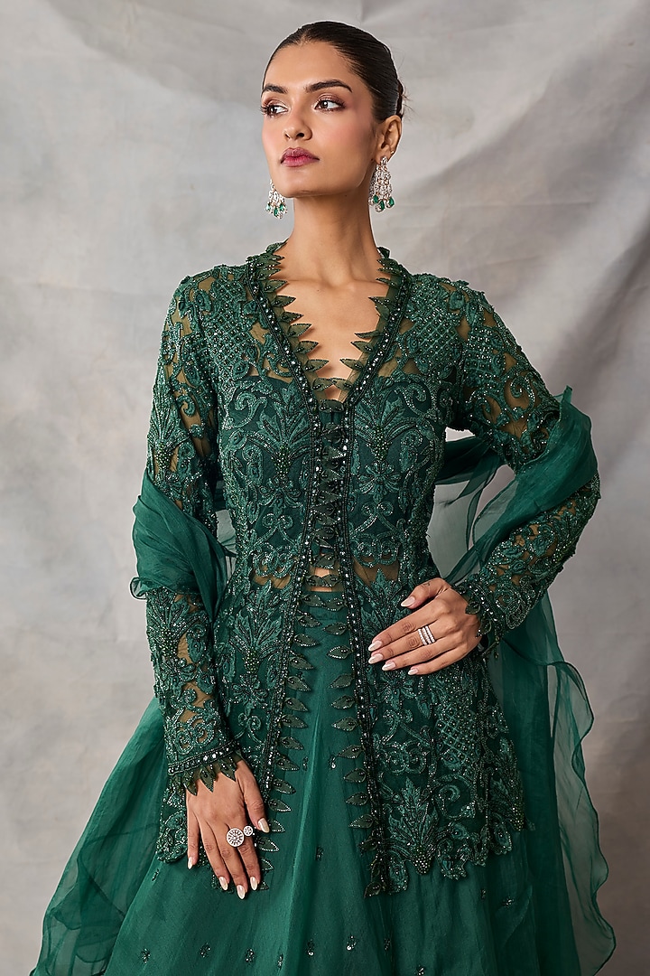 Bottle Green Organza & Net Boota Work Wedding Lehenga Set by AWIGNA BY VARSHA & RITTU at Pernia's Pop Up Shop