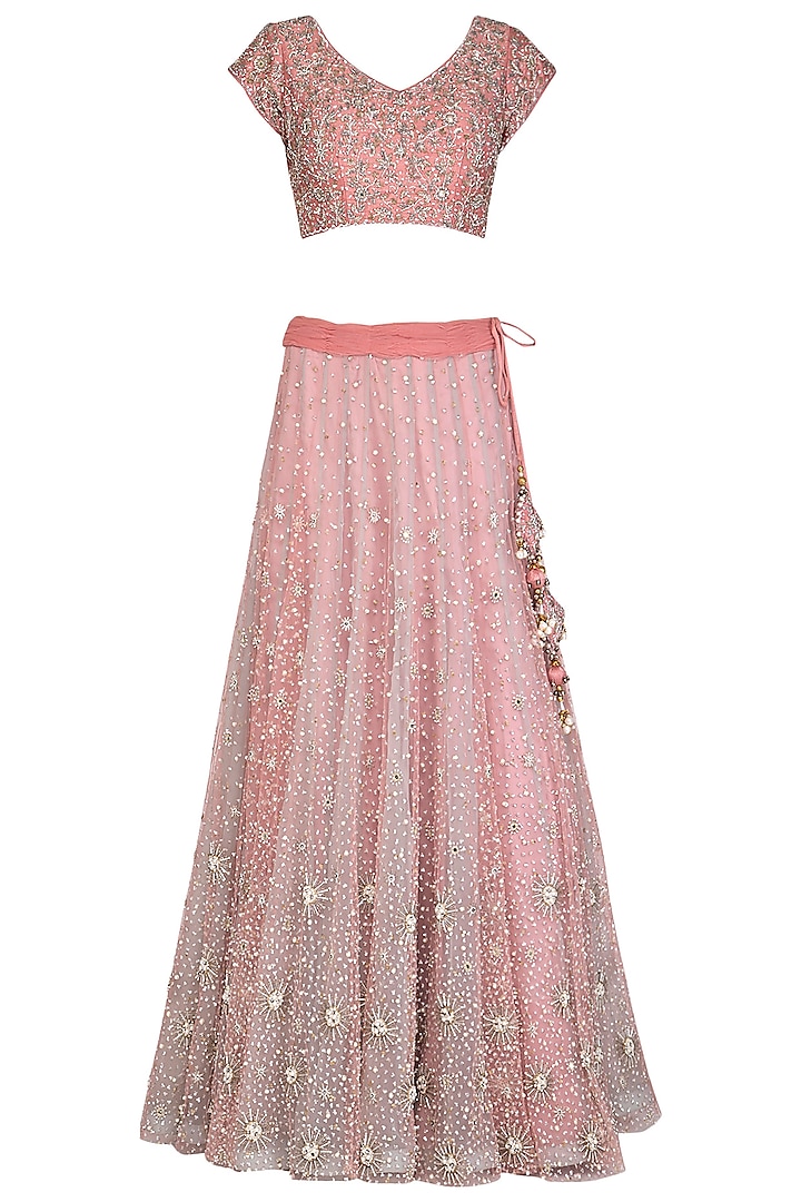 Rose Gold Embroidered Lehenga Set by AWIGNA by Varsha and Rittu