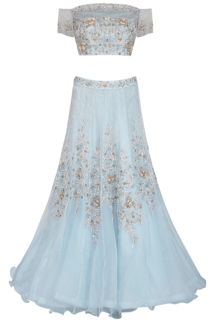 Ice Blue Embroidered Lehenga Set by AWIGNA by Varsha and Rittu