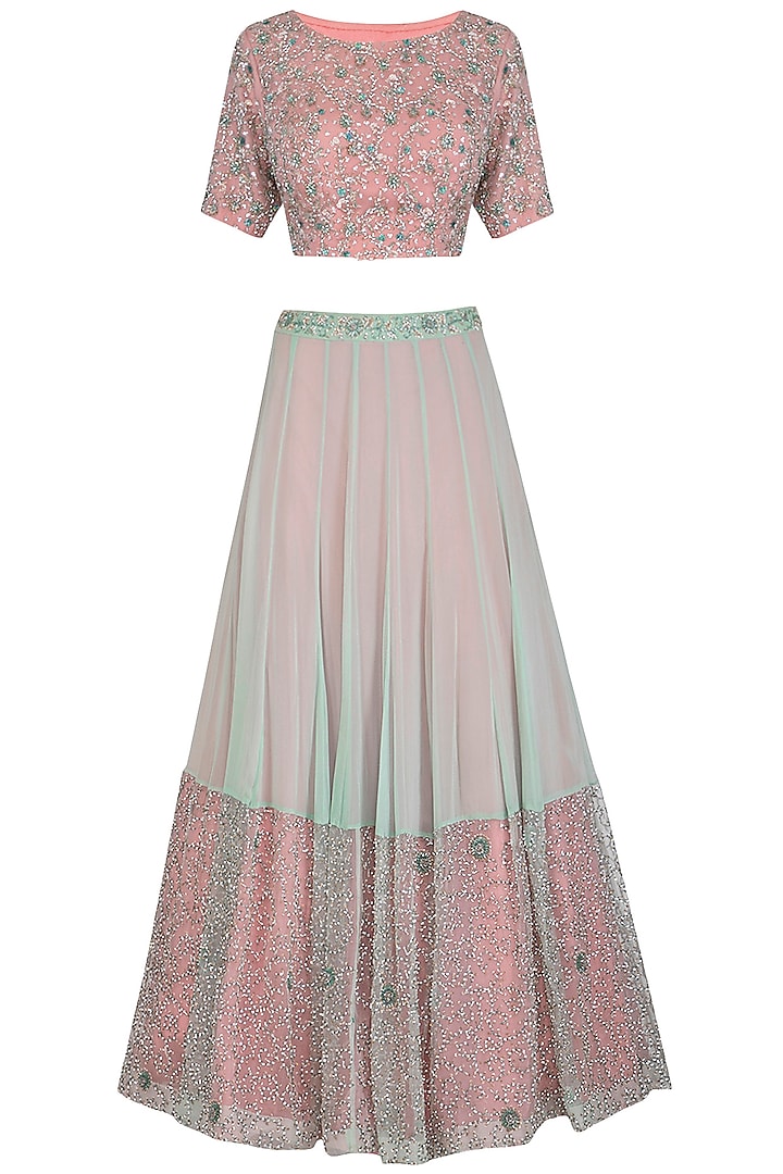 Mint Green & Peach Embroidered Lehenga Set by AWIGNA by Varsha and Rittu