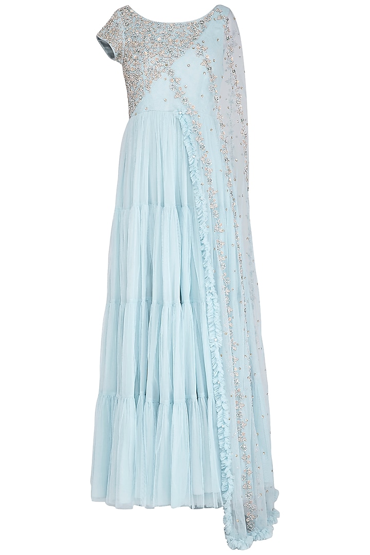 Ice Blue Embroidered Saree Gown by AWIGNA by Varsha and Rittu