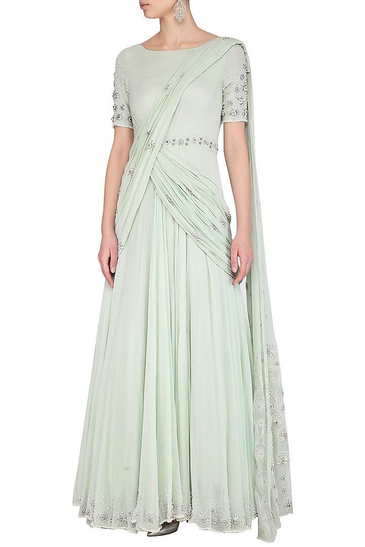 Mint Green Embroidered Engagement Gown by AWIGNA by Varsha and Rittu at Pernia's Pop Up Shop