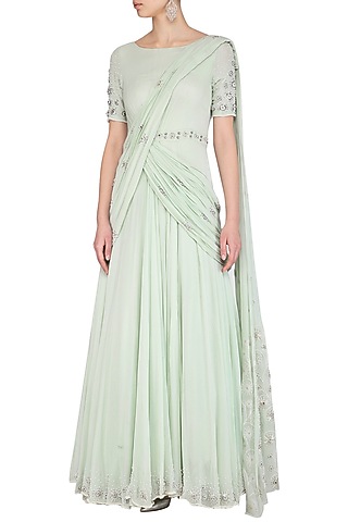 Mint Green Embroidered Gown by AWIGNA by Varsha and Rittu