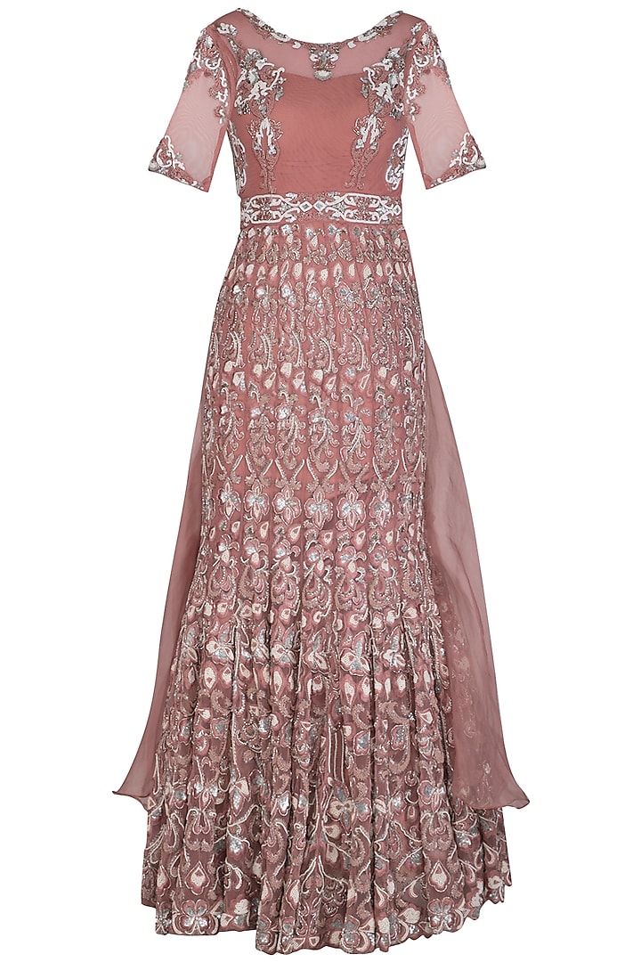 Rose Gold Embroidered Gown by AWIGNA by Varsha and Rittu