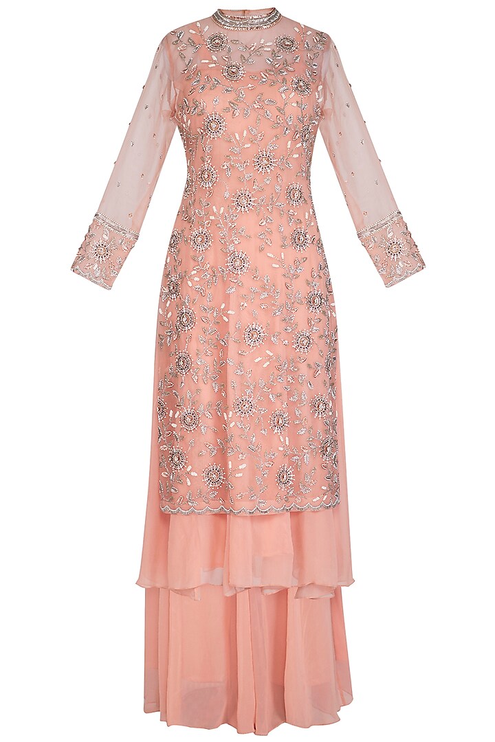 Peach Embroidered Anarkali Set by AWIGNA by Varsha and Rittu