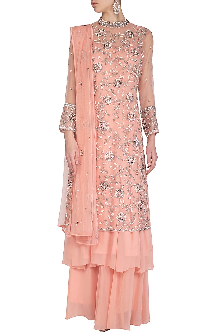 Peach Embroidered Wedding Anarkali Set by AWIGNA by Varsha and Rittu at Pernia's Pop Up Shop