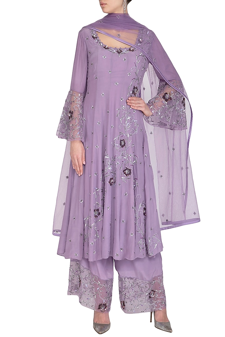 Lilac Embroidered Wedding Anarkali Set by AWIGNA by Varsha and Rittu at Pernia's Pop Up Shop