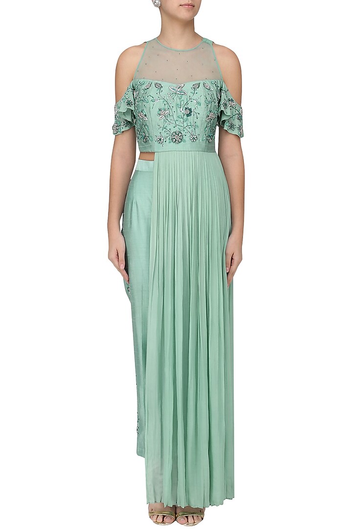 Pistachio green embroidered kurta with pants set available only at Pernia's Pop Up Shop.