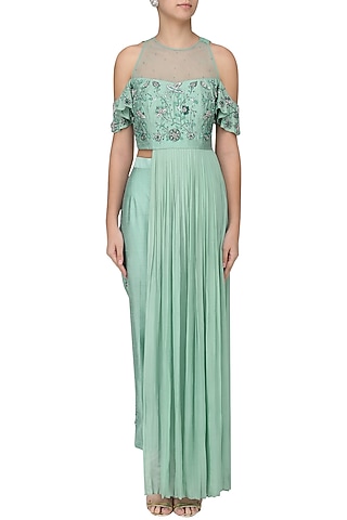 Pistachio Green Embroidered Kurta with Pants Set by AWIGNA by Varsha and Rittu