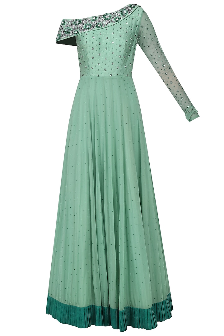 Pistachio Green One Shoulder Embroidered Gown by AWIGNA by Varsha and Rittu