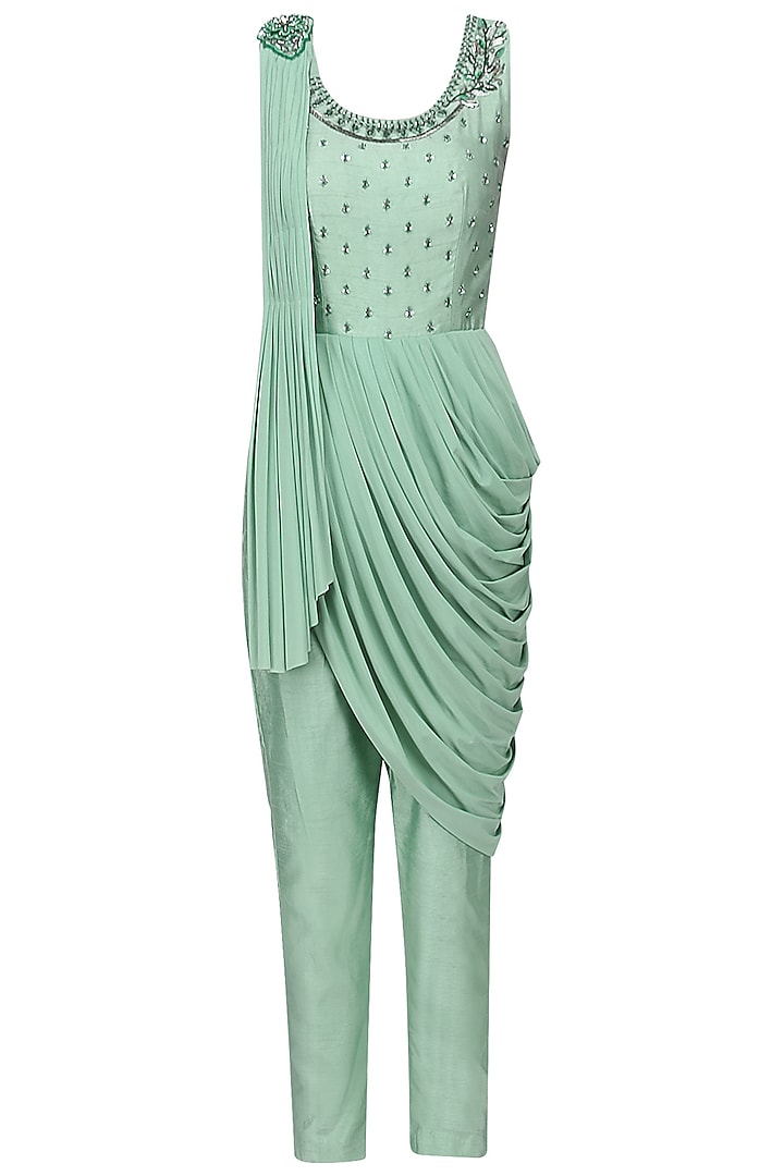 Pistachio Green Embroidered Drape Jumpsuit by AWIGNA by Varsha and Rittu