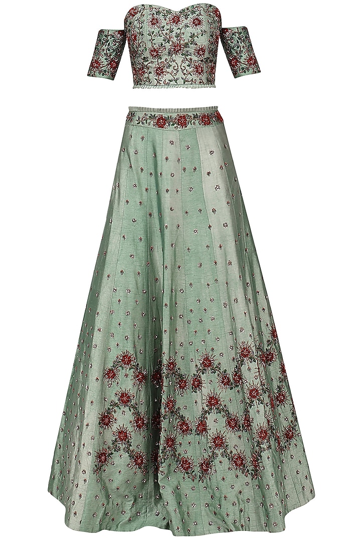 Pistachio Green Embroidered Lehenga Set by AWIGNA by Varsha and Rittu