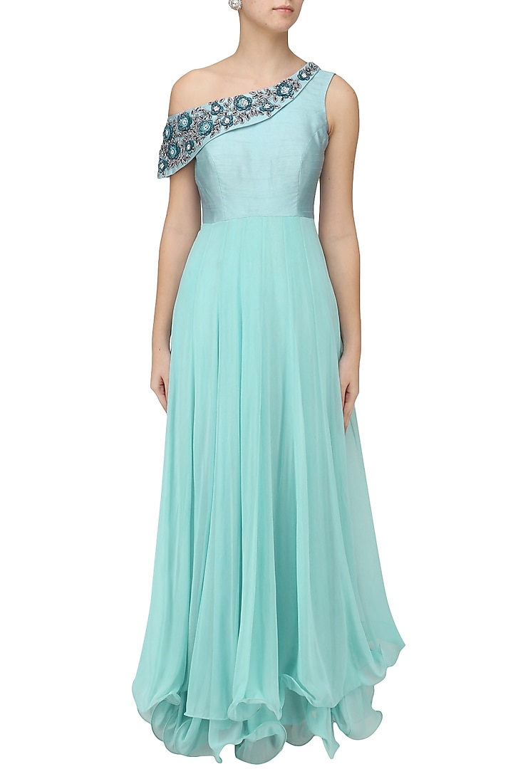 Powder blue one shoulder anarkali set available only at Pernia's Pop Up Shop.