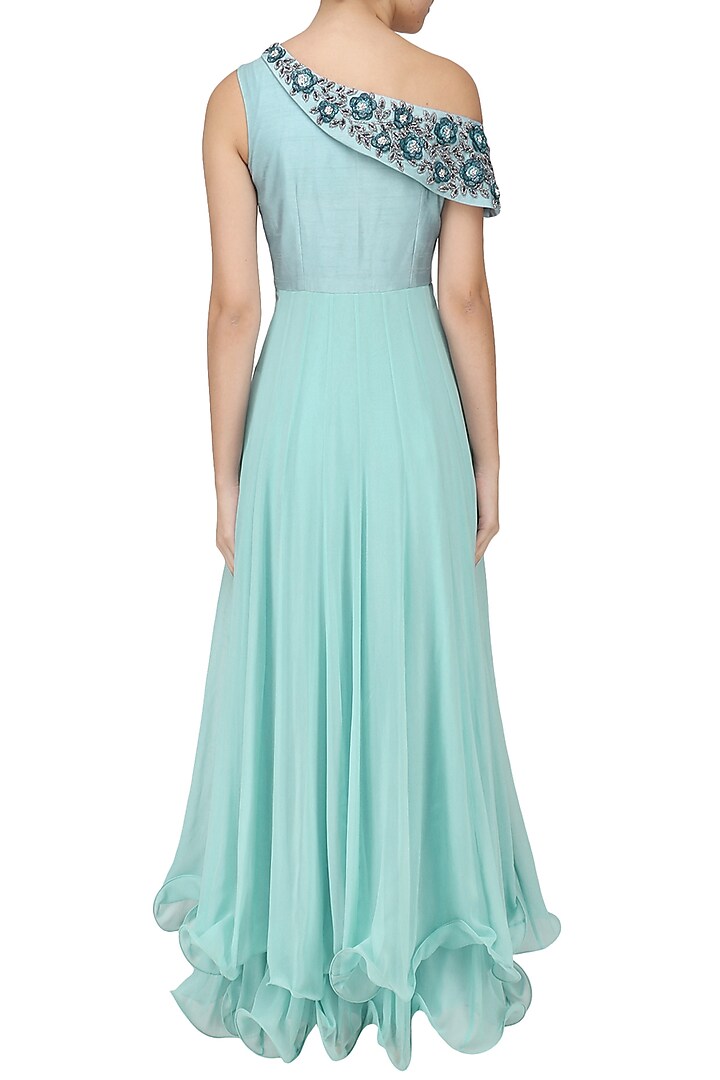 Powder blue one shoulder anarkali set available only at Pernia's Pop Up Shop.