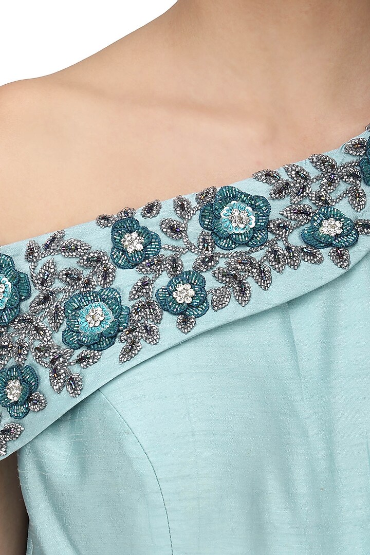 Powder blue one shoulder anarkali set available only at Pernia's Pop Up Shop.